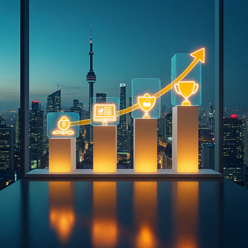 Futuristic visualization of EEAT SEO Montreal strategies, showing symbolic pillars for expertise, experience, authority, and trust driving local SEO rankings and reputation growth.