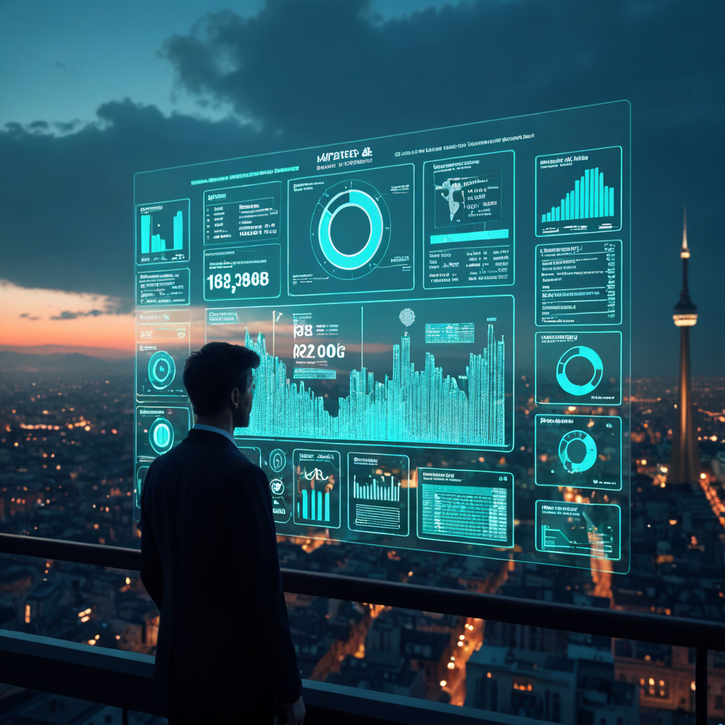 Futuristic SEO dashboard visualizing SEO Analytics Montreal, with symbolic charts for keyword performance, user behavior, and local ranking trends over the Montreal skyline.