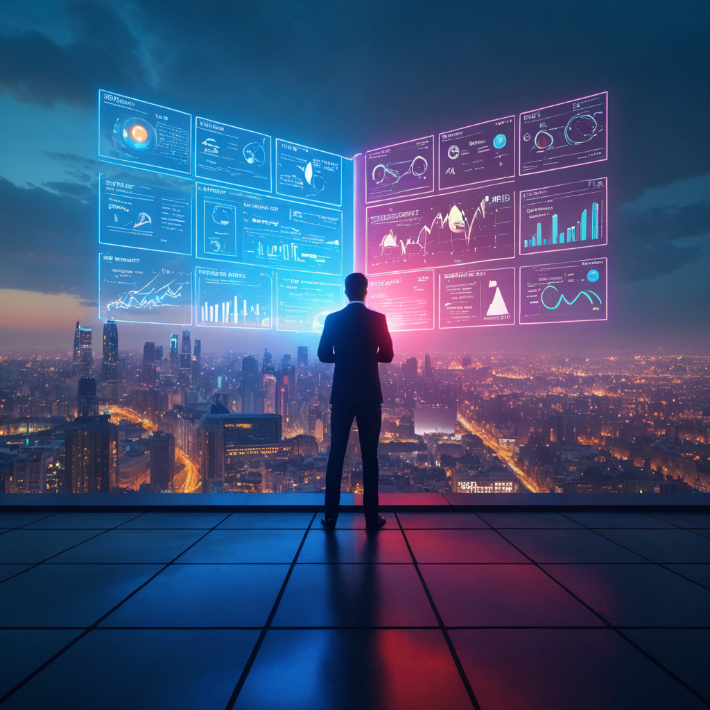 Futuristic dashboard comparing SEO vs Social Media Montreal, with symbolic analytics panels showing traffic growth, engagement, and ROI across both digital marketing strategies.